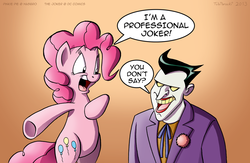 Size: 1300x848 | Tagged: safe, artist:tobibrocki, pinkie pie, earth pony, pony, g4, batman, bipedal, crossover, duo, hind legs, the joker, this will end in laughs, this will end in tears, you don't say