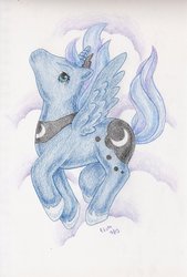 Size: 1024x1514 | Tagged: safe, artist:elisto, princess luna, g1, g4, cloud, female, g4 to g1, generation leap, simple background, solo, traditional art