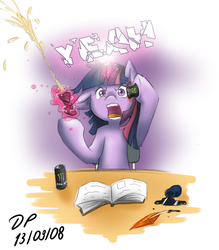 Size: 985x1126 | Tagged: safe, artist:datponypl, twilight sparkle, pony, unicorn, g4, book, can smashing, energy drink, female, ink, monster energy, quill, rage, solo, spilled ink, unicorn twilight, yeah