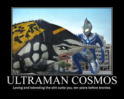 Size: 750x600 | Tagged: safe, barely pony related, brony, demotivational poster, gubila, love and tolerate, meme, ultraman, ultraman cosmos