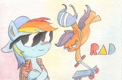 Size: 1781x1178 | Tagged: safe, artist:infinitebadness, rainbow dash, scootaloo, pony, g4, bipedal, clothes, hat, scooter, sunglasses, traditional art
