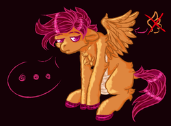 Size: 977x719 | Tagged: safe, artist:coppahhead, pegasus, pony, ask ftm scootaloo, ask, bandage, breast binding, colored hooves, hooves, male, scootaloo can't fly, solo, trans male, trans stallion scootaloo, transgender, tumblr, unshorn fetlocks