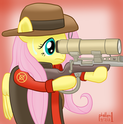 Size: 1227x1234 | Tagged: safe, artist:phallen1, fluttershy, pegasus, pony, g4, crossover, female, gun, hooves, mare, optical sight, rifle, sniper, sniper (tf2), sniper rifle, snipershy, solo, team fortress 2, weapon, wings