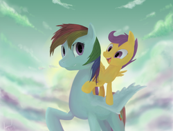 Size: 1024x778 | Tagged: safe, artist:rixnane, rainbow dash, scootaloo, pegasus, pony, g4, female, filly, foal, mare, open mouth, ponies riding ponies, riding, scootaloo riding rainbow dash, scootalove, signature, smiling, spread wings, wings