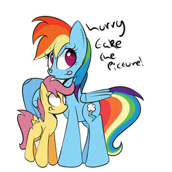 Size: 1280x1280 | Tagged: safe, artist:turtlefarminguy, rainbow dash, scootaloo, pegasus, pony, g4, bandaid, bandaid on nose, camera, dialogue, duo, duo female, female, filly, foal, mare, scootalove, simple background, tongue out, white background