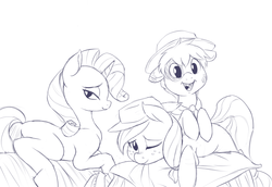 Size: 1166x800 | Tagged: safe, artist:jalm, applejack, rarity, oc, earth pony, pony, unicorn, g4, butt, cute, female, floppy ears, hobo pony, leaning, lidded eyes, looking at you, male, mare, monochrome, one eye closed, open mouth, pillow, plot, prone, simple background, sketch, smiling, stallion, turnip, white background, wink