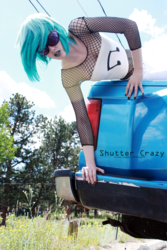 Size: 600x900 | Tagged: safe, artist:shutter-crazy, dj pon-3, vinyl scratch, human, g4, body stocking, car, cosplay, fishnet stockings, irl, irl human, lipstick, nail polish, photo, solo, sunglasses