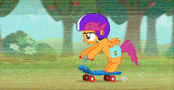 Size: 960x499 | Tagged: safe, screencap, scootaloo, bird, g4, the show stoppers, animated, female, helmet, jumping, saddle bag, scooter, slow motion, solo, speed lines