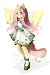 Size: 1181x1748 | Tagged: safe, artist:locksto, fluttershy, anthro, g4, ambiguous facial structure, clothes, dress, female, solo