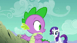 Size: 960x540 | Tagged: safe, screencap, fido, rarity, spike, diamond dog, a dog and pony show, g4, animated, disembodied hand, duo focus, hand, offscreen character