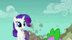 Size: 960x540 | Tagged: safe, screencap, rarity, spike, a dog and pony show, g4, animated, behaving like a dog, dirt, duo, gem, mouth hold