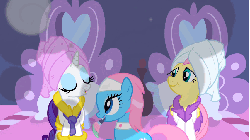 Size: 853x480 | Tagged: safe, screencap, aloe, fluttershy, lotus blossom, rarity, earth pony, pegasus, pony, unicorn, g4, green isn't your color, animated, bathrobe, brush, clothes, female, mouth hold, mud mask, robe, spa, spa twins, towel, towel on head, working