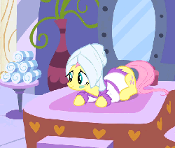 Size: 636x540 | Tagged: safe, screencap, aloe, fluttershy, earth pony, pony, g4, green isn't your color, aloebetes, animated, bathrobe, clothes, cropped, cute, female, file, gritted teeth, mare, mouth hold, prone, robe, shyabetes, smiling, spa, squee, towel, towel on head