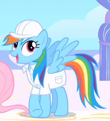 Size: 359x397 | Tagged: safe, screencap, fluttershy, rainbow dash, pegasus, pony, g4, sonic rainboom (episode), clothes, cloudsdale, cropped, day, female, looking up, mare, open mouth, solo focus, weather factory, weather factory uniform