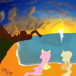 Size: 1995x1995 | Tagged: safe, artist:eccentric bloodstone, applejack, fluttershy, g4, beach, sunset, wet mane