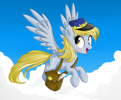 Size: 3000x2500 | Tagged: safe, artist:vird-gi, derpy hooves, pegasus, pony, g4, blushing, cloud, female, flying, mailbag, mare, sky, sky background, solo
