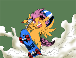 Size: 680x521 | Tagged: dead source, safe, artist:kuromozuku, scootaloo, pegasus, pony, g4, action pose, bipedal, bipedal leaning, blank flank, cloud, female, filly, foal, helmet, leaning, open mouth, pixiv, riding, scooter, solo, spread wings, teeth, windswept mane, wings