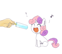 Size: 700x612 | Tagged: dead source, safe, artist:kuromozuku, sweetie belle, human, pony, unicorn, g4, ^^, blank flank, blushing, cute, diasweetes, disembodied hand, eyes closed, feeding, female, filly, foal, food, hand, happy, ice cream, japanese, music notes, offscreen character, open mouth, pixiv, popsicle, sea salt ice cream, simple background, sitting, smiling, solo focus, white background