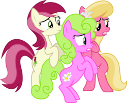 Size: 7423x6000 | Tagged: safe, artist:synch-anon, artist:twiforce, daisy, flower wishes, lily, lily valley, roseluck, earth pony, pony, the cutie pox, absurd resolution, bipedal, female, flower trio, rearing, scared, show accurate, simple background, transparent background, trio, trio female, vector