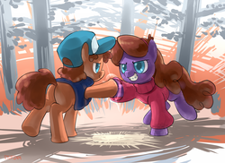 Size: 1218x888 | Tagged: safe, artist:stupjam, idw, maybelle, brother and sister, dipper pines, female, gravity falls, hoofbump, mabel pines, male, ponified, siblings, twins