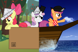 Size: 4800x3200 | Tagged: safe, artist:zaponator, apple bloom, scootaloo, sweetie belle, g4, cutie mark crusaders, eyepatch, grin, hat, high res, imagination, leaning, pirate, pirate hat, scar, smirk