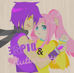 Size: 773x768 | Tagged: safe, artist:shiro-d4eznfm, artist:shizuarisugawa, fluttershy, human, g4, blushing, crossover, crossover shipping, espio the chameleon, female, heart, humanized, interspecies, love, male, shipping, sonic the hedgehog (series), straight, winged humanization