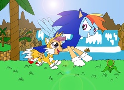 Size: 3479x2550 | Tagged: safe, artist:lightdegel, rainbow dash, scootaloo, g4, cosplay, crossover, male, miles "tails" prower, sonic the hedgehog, sonic the hedgehog (series)