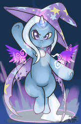 Size: 750x1150 | Tagged: safe, artist:wherewolfs, trixie, pony, unicorn, g4, :<, clothes, female, hat, magic, magic circle, mare, solo, torn clothes, wings