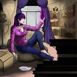 Size: 1224x1224 | Tagged: artist needed, source needed, safe, twilight sparkle, human, g4, book, female, humanized, interior, magic, solo
