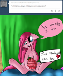 Size: 816x979 | Tagged: dead source, safe, artist:artsygum, pinkie pie, g4, ask, cupcake, female, food, holding something, looking at you, pinkamena diane pie, solo, strawberry, tumblr