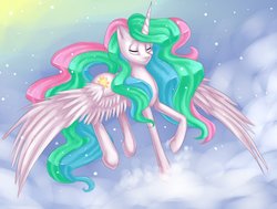Size: 900x679 | Tagged: dead source, safe, artist:misukitty, princess celestia, g4, cloud, cloudy, eyes closed, female, flying, solo