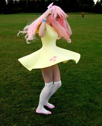 Size: 1280x1565 | Tagged: safe, artist:lady-giggles, fluttershy, human, g4, action pose, clothes, cosplay, dress, irl, irl human, photo, socks, solo, twirl