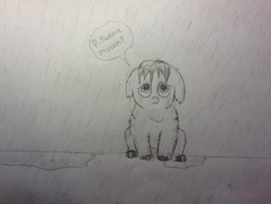 Size: 917x688 | Tagged: safe, artist:waggytail, fluffy pony, fluffy pony original art, monochrome, rain, sad, sketch, solo