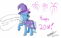 Size: 1280x800 | Tagged: safe, artist:whoovespon3, trixie, pony, unicorn, g4, 2014, female, fireworks, happy new year, mare, solo, wink