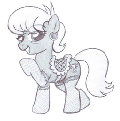 Size: 646x652 | Tagged: safe, artist:lockerobster, ms. harshwhinny, earth pony, pony, g4, clothes, female, fishnet stockings, grayscale, mare, monochrome, saddle, solo, stockings, traditional art