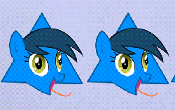 Size: 427x270 | Tagged: safe, artist:viva reverie, oc, oc only, oc:triangle mare, g4, animated, head only, immatoonlink, multeity, particle mare, they might be giants, they see me rollin', triangle, wat
