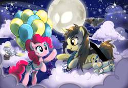Size: 5000x3435 | Tagged: safe, artist:lunaranight, derpy hooves, pinkie pie, oc, bat, pegasus, pony, g4, balloon, cloud, female, ink, mare, scroll, then watch her balloons lift her up to the sky