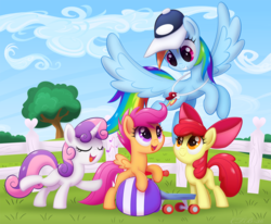 Size: 1002x825 | Tagged: safe, artist:ctb-36, apple bloom, rainbow dash, scootaloo, sweetie belle, earth pony, pegasus, pony, unicorn, flight to the finish, g4, blank flank, coach, coach rainbow dash, coaching cap, cutie mark crusaders, eyes closed, female, fence, filly, flying, foal, hat, helmet, looking at each other, looking at someone, mare, open mouth, open smile, rainbow dashs coaching whistle, scooter, smiling, spread wings, tree, whistle, whistle necklace, wings