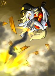 Size: 850x1176 | Tagged: safe, artist:chocolatechilla, derpy hooves, pegasus, pony, g4, direct hit, female, mare, rocket launcher, soldier, soldier (tf2), solo, team fortress 2