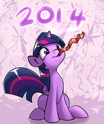 Size: 1078x1283 | Tagged: safe, artist:subjectnumber2394, twilight sparkle, alicorn, pony, g4, 2014, cute, female, happy new year, mare, party horn, sitting, smiling, solo, twilight sparkle (alicorn)