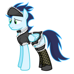 Size: 5000x5000 | Tagged: safe, artist:zbowpone, soarin', pegasus, pony, g4, absurd resolution, blushing, clothes, crossdressing, cute, dress, fishnets, frown, girly, looking down, maid, male, old cutie mark, sad, simple background, soarinbetes, solo, stockings, transparent background, vector