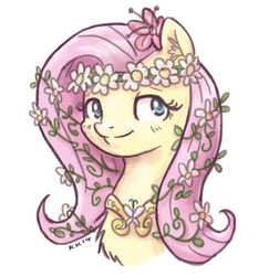 Size: 777x800 | Tagged: safe, artist:king-kakapo, fluttershy, pegasus, pony, g4, bust, chest fluff, colored pupils, ear fluff, element of kindness, female, floral head wreath, flower, fluffy, head, portrait, simple background, smiling, solo