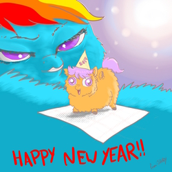 Size: 900x900 | Tagged: safe, artist:shadysmarty, rainbow dash, scootaloo, fluffy pony, g4, fluffydash, happy new year, scootafluff