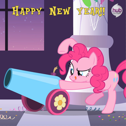 Size: 549x549 | Tagged: safe, pinkie pie, g4, female, happy new year, holiday, hub logo, hubble, partillery, party cannon, solo