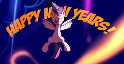 Size: 1280x664 | Tagged: safe, artist:cosmonaut, rumble, lets ask rumble, g4, colt, cute, fireworks, flying, hat, kiss mark, male, new year, party hat, solo