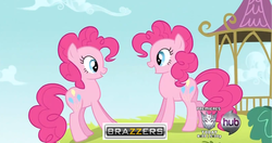 Size: 1628x860 | Tagged: safe, edit, edited screencap, screencap, pinkie pie, a friend in deed, g4, brazzers, decepticon, female, funcest, hub logo, ponies standing next to each other, self ponidox, smile smile smile, smile song, transformers, transformers prime