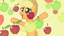 Size: 7323x4117 | Tagged: safe, artist:gray-gold, applejack, earth pony, pony, bats!, g4, season 4, .svg available, absurd resolution, apple, apple rain, cute, female, jackabetes, silly, silly pony, solo, that pony sure does love apples, vector