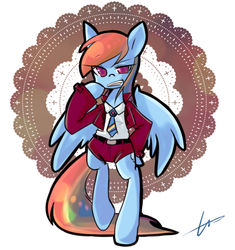 Size: 732x779 | Tagged: safe, artist:lessue, rainbow dash, pegasus, pony, semi-anthro, g4, abstract background, belt, bipedal, clothes, female, looking at you, mare, necktie, pixiv, rainbow dash always dresses in style, shorts, signature, simple background, solo, suit