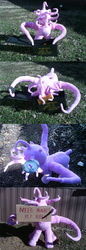 Size: 800x2325 | Tagged: safe, artist:bladespark, oc, oc only, oc:taint fare, fallout equestria, ammobox, irl, no eyes, photo, pills, pills here, plushie, sign, tentacles, wat