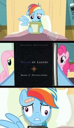 Size: 581x1000 | Tagged: safe, edit, edited screencap, screencap, fluttershy, pinkie pie, rainbow dash, g4, read it and weep, bed, book, book cover, comic, derp, hospital bed, house of leaves, meme, reading rainbow, screencap comic